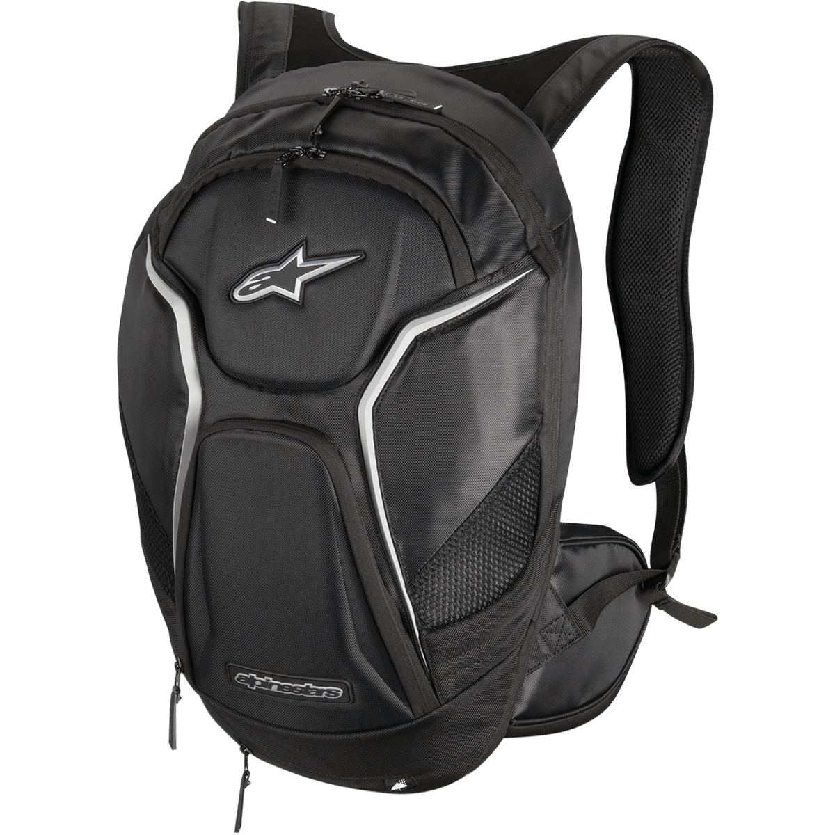 Alpinestars Tech Aero rugzak, motorrugzak, zwart met witte en zilveren accenten, aerodynamisch profiel met gewatteerde anatomische schouderbanden, meerdere compartimenten met ritssluiting, zijvakken van mesh en reflecterende biezen