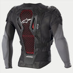Alpinestars Bionic Plus V2 beschermingsjack, motorcross beschermjas, zwart en antracietgrijs met rode honingraatdetails, achteraanzicht met de Level 2 Nucleon Cell-technologie rugbeschermer, geperforeerde mesh-stof en geïntegreerde schouder- en elleboogbescherming.