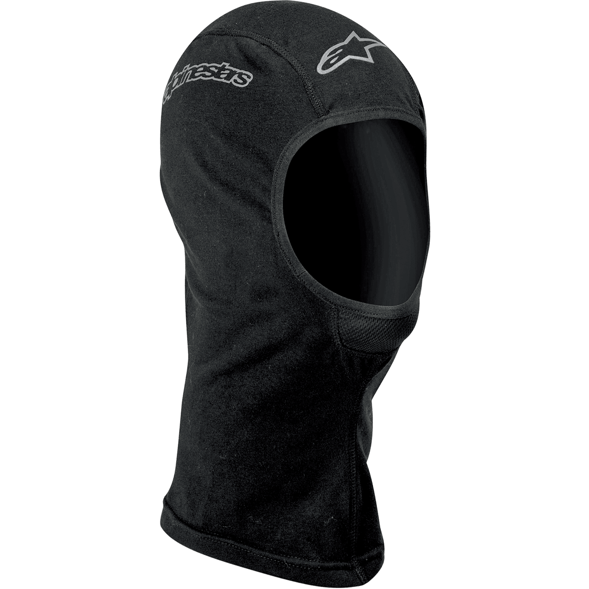 Alpinestars Open-Face bivakmuts, zwarte motoronderlaag, met zilveren Alpinestars-logo's op het voorhoofd en de zijkant, zachte vochtafvoerende stof met platte naden en verlengde nek voor bedekking