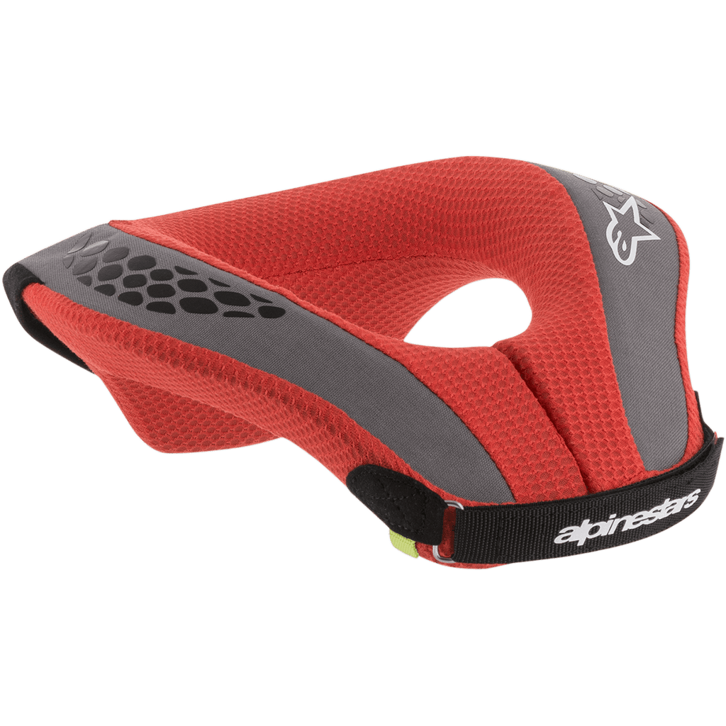 Alpinestars Youth Sequence Neck Roll, motorcross nekbeschermer, rood en grijs, voorzien van rode mesh-voering met grijze accenten en een zwarte band, witte merk- en logodetails, ergonomische bescherming voor jonge rijders