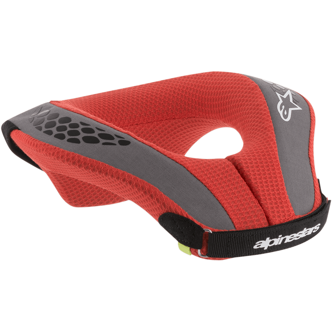 Alpinestars Youth Sequence Neck Roll, motorcross nekbeschermer, rood en grijs, voorzien van rode mesh-voering met grijze accenten en een zwarte band, witte merk- en logodetails, ergonomische bescherming voor jonge rijders