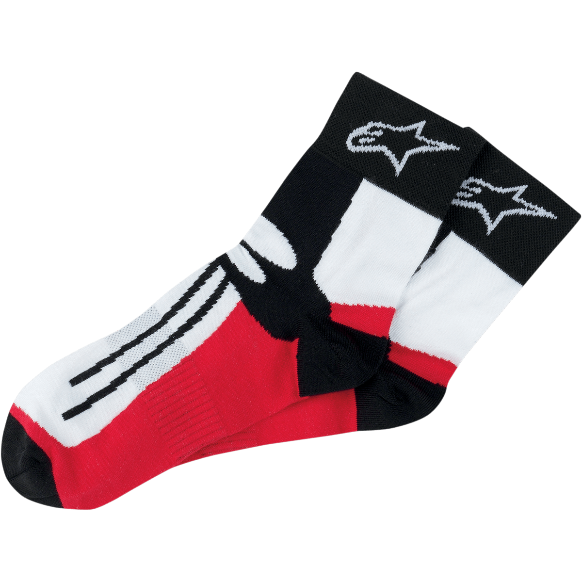 Alpinestars Road Racing-sokken boven de enkel, motorrace-sokken, zwart, wit en rood, met wit ster-logo op de zwarte boord, zwarte strepen op het witte voetgedeelte, rode panelen, sportief prestatie-ontwerp voor motorsport