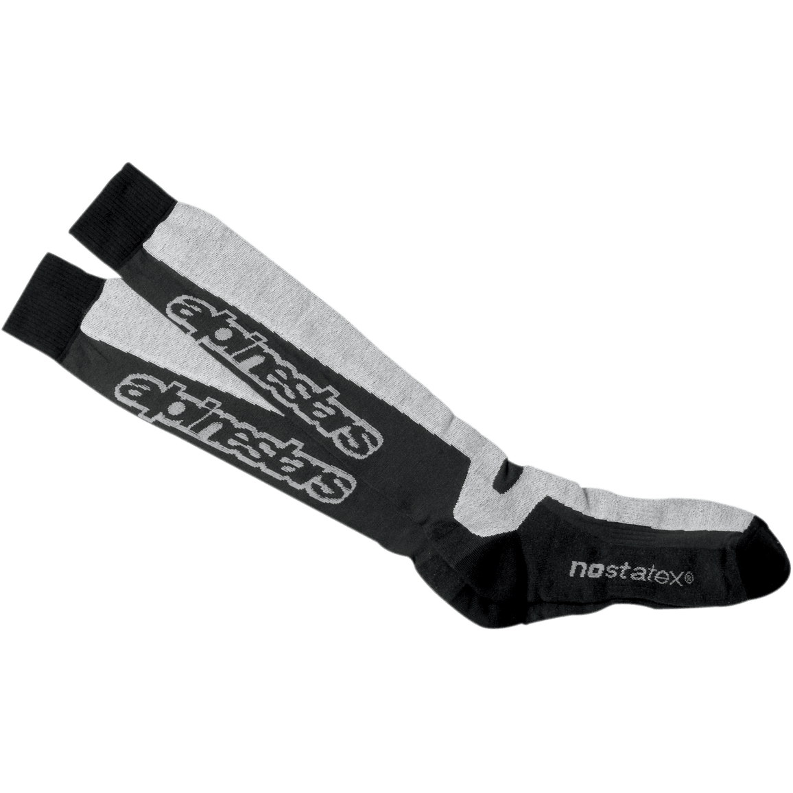 Alpinestars Thermal Tech Socks, kniehoge motorrijsokken, zwart en grijs, technisch vochtafvoerend gebreid materiaal met Nostatex-technologie en Alpinestars-logo