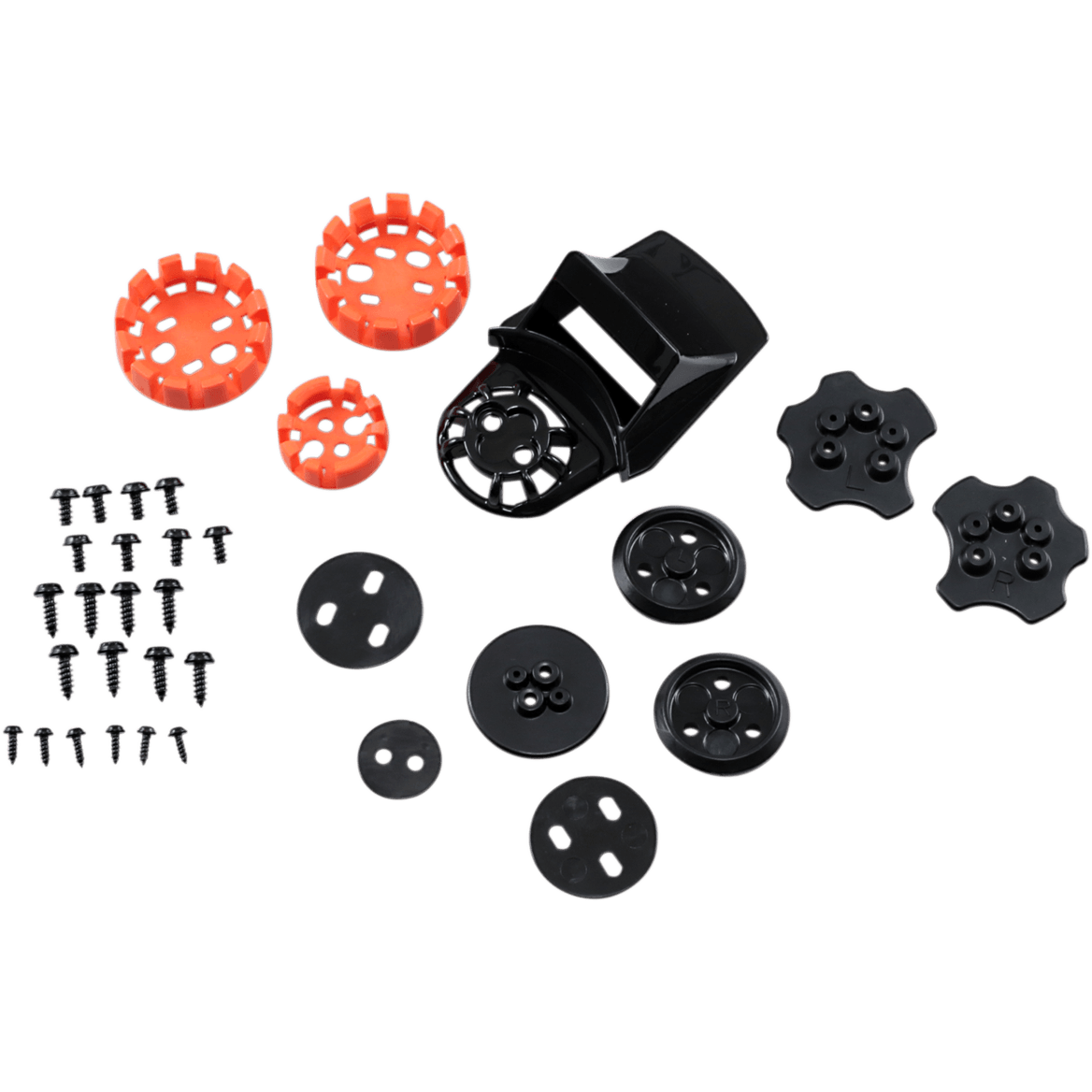 Alpinestars Supertech M10/M8 helm vizierconnectorset, zwart en oranje, set reserveonderdelen met diverse zwarte kunststof bevestigingen, oranje ronde connectoren en metalen schroeven, ontworpen voor een veilige vizierbevestiging op motorcrosshelmen
