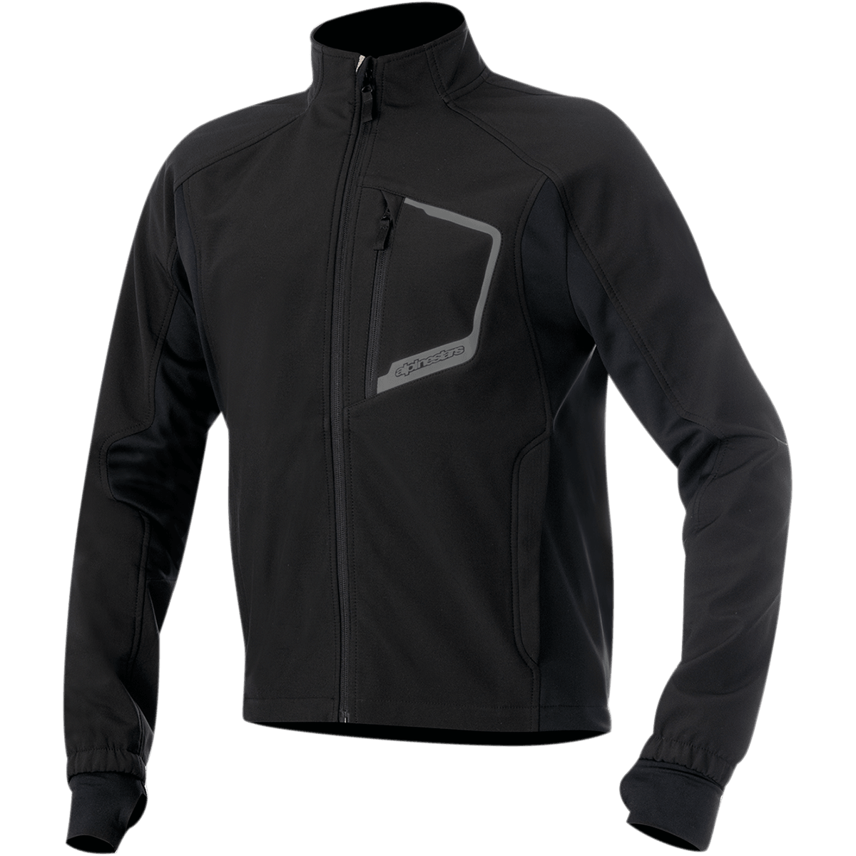 Alpinestars Tech Layer Top, Black Motorcycle Base Layer Jacket, Long Sleeves with seamless Lycra cuffs and thumb loops, High Collar, Vertical zippered chest pocket with reflective gray border and Alpinestars branding, Full-length front zipper, Technical windproof fabric