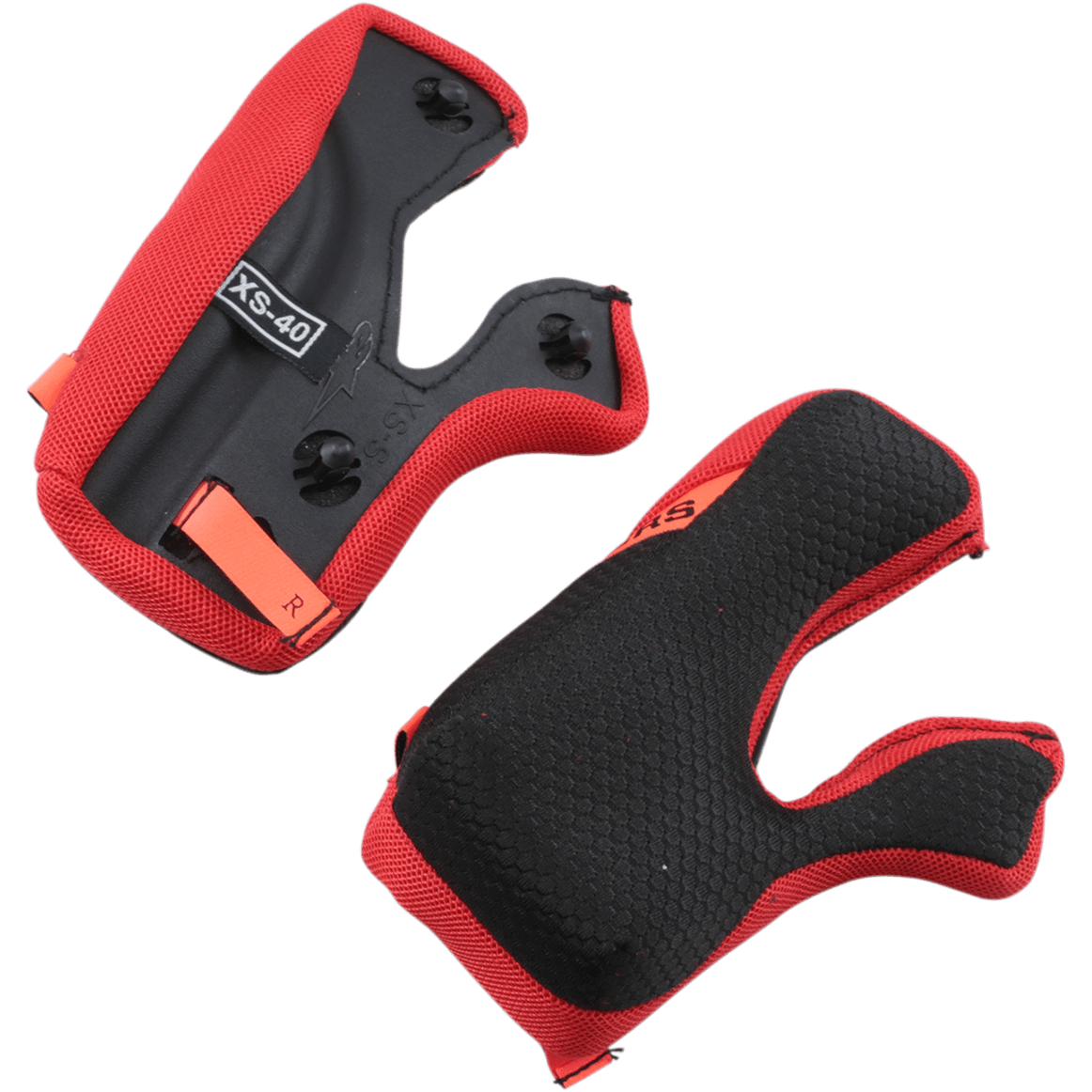 Alpinestars Supertech M10/M8 wangkussens +5mm, vervangende helmvoering, rood en zwart, voorzien van een honingraatstructuur aan de binnenzijde en zwarte achterkant met oranje nood-treklabels, XS-40 maataanduiding