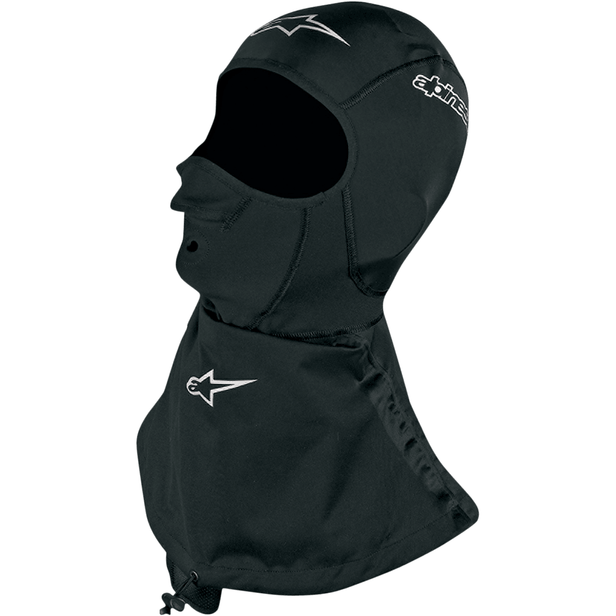 Alpinestars Winter Touring Bivakmuts, zwarte motorbivakmuts met witte logo's, met een verlengde waterdichte nekschort, platte locknaden en ventilatieopeningen bij de neus, bescherming voor onder de helm bij koud weer
