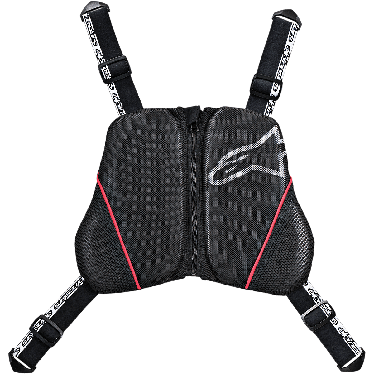 Alpinestars Nucleon KR-C borstharnas, motor borstbeschermer, zwart met rode accenten en wit logo, geventileerde mesh-panelen met centrale rits, verstelbare zwarte riemen met witte merkdetails, hoogwaardige beschermende uitrusting voor rijden op de weg