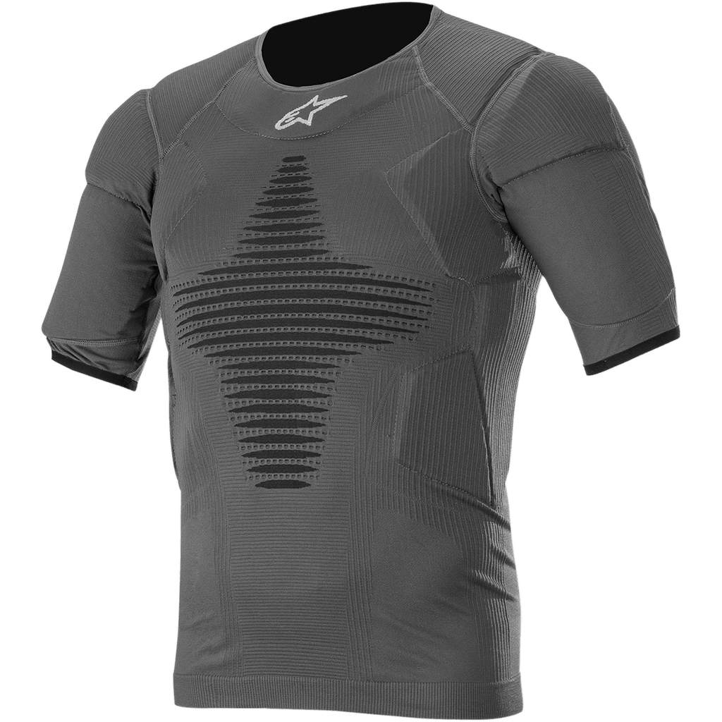 Alpinestars Roost Basislaag Top, antraciet zwart performance shirt met korte mouwen, getextureerde ribstof met zwart geometrisch patroon, nauwsluitend sportief ontwerp voor motorcross en off-road