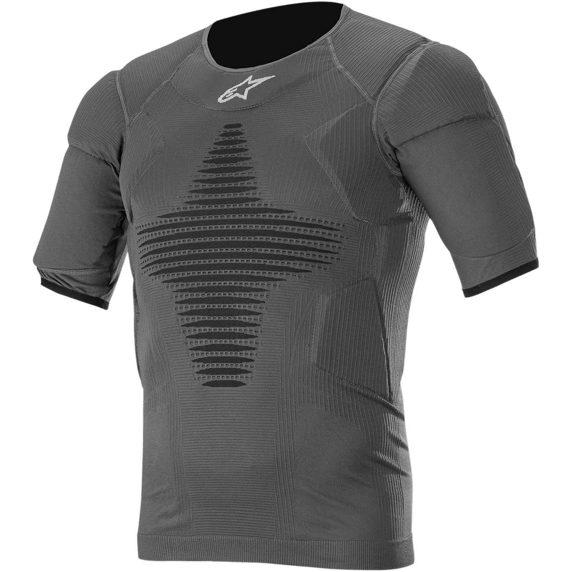 Alpinestars Roost Basislaag Top, antraciet zwart performance shirt met korte mouwen, getextureerde ribstof met zwart geometrisch patroon, nauwsluitend sportief ontwerp voor motorcross en off-road